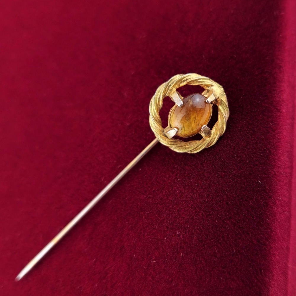 Vintage Tiger‎ Eye Stick Pin Gold Tone Lapel Hat Cravat Pin